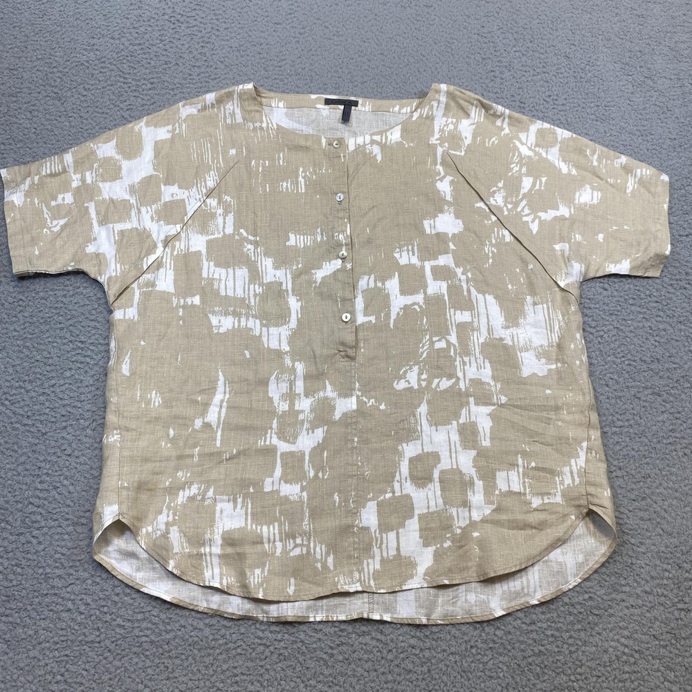 Oska Shirt Womens 2 Beige White Abstract Linen Blouse Short Sleeve Made Germany